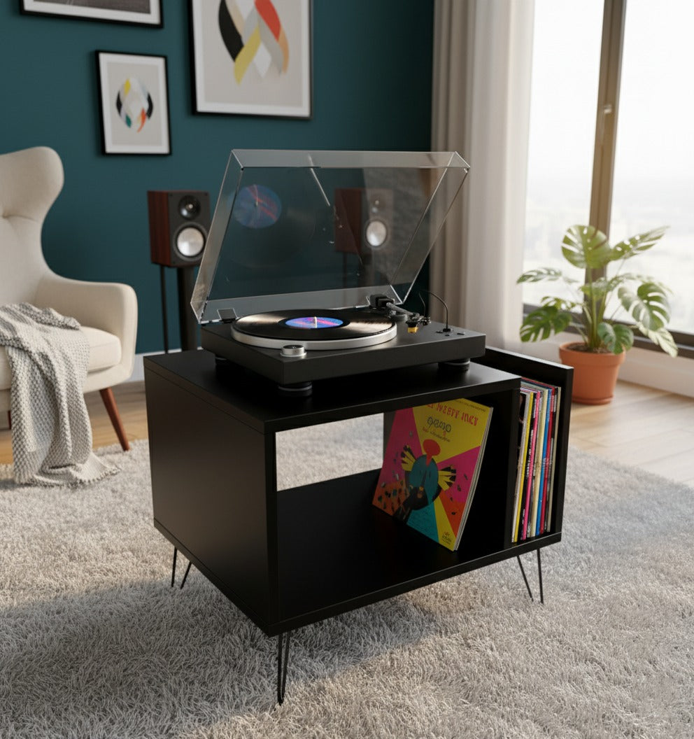 Modern Record Player Stand with Vinyl Storage, MDF Turntable Cabinet, LP Record Organizer, Mid Century Media Console