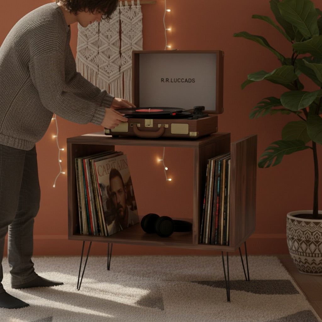 Modern Record Player Stand with Vinyl Storage, MDF Turntable Cabinet, LP Record Organizer, Mid Century Media Console