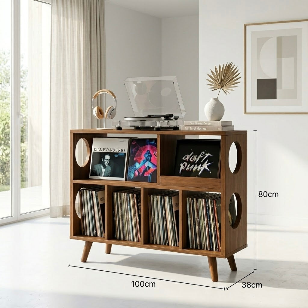 Record Player Stand with Vinyl Storage, Solid Wood Media Console, Mid Century Modern LP Record Cabinet