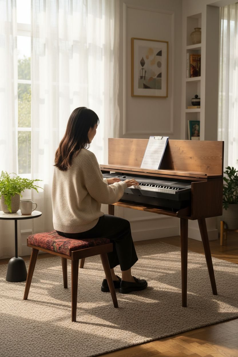 Solid Wood Piano Bench with Leather Upholstered Seat – Wooden Keyboard Stool & Music Bench