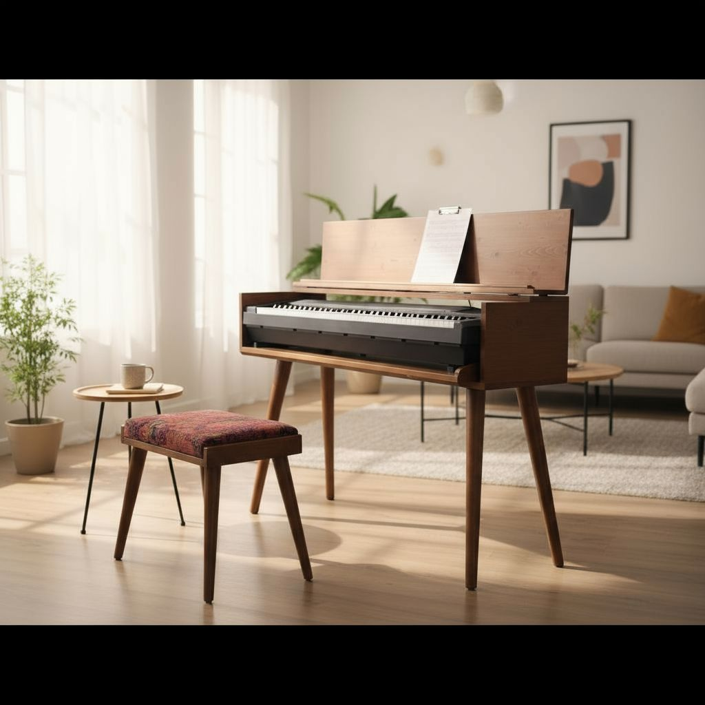 Solid Wood Piano Bench with Leather Upholstered Seat – Wooden Keyboard Stool & Music Bench