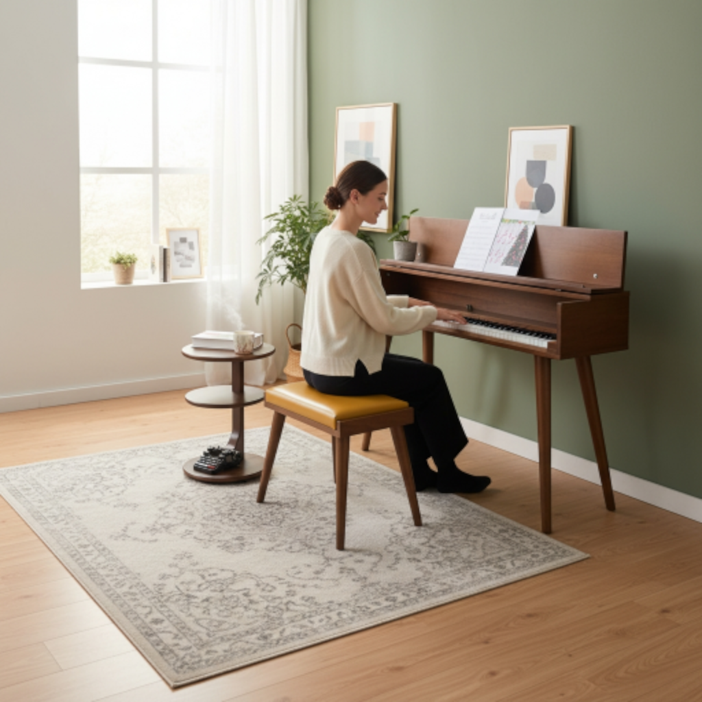 Solid Wood Piano Bench with Leather Upholstered Seat – Wooden Keyboard Stool & Music Bench