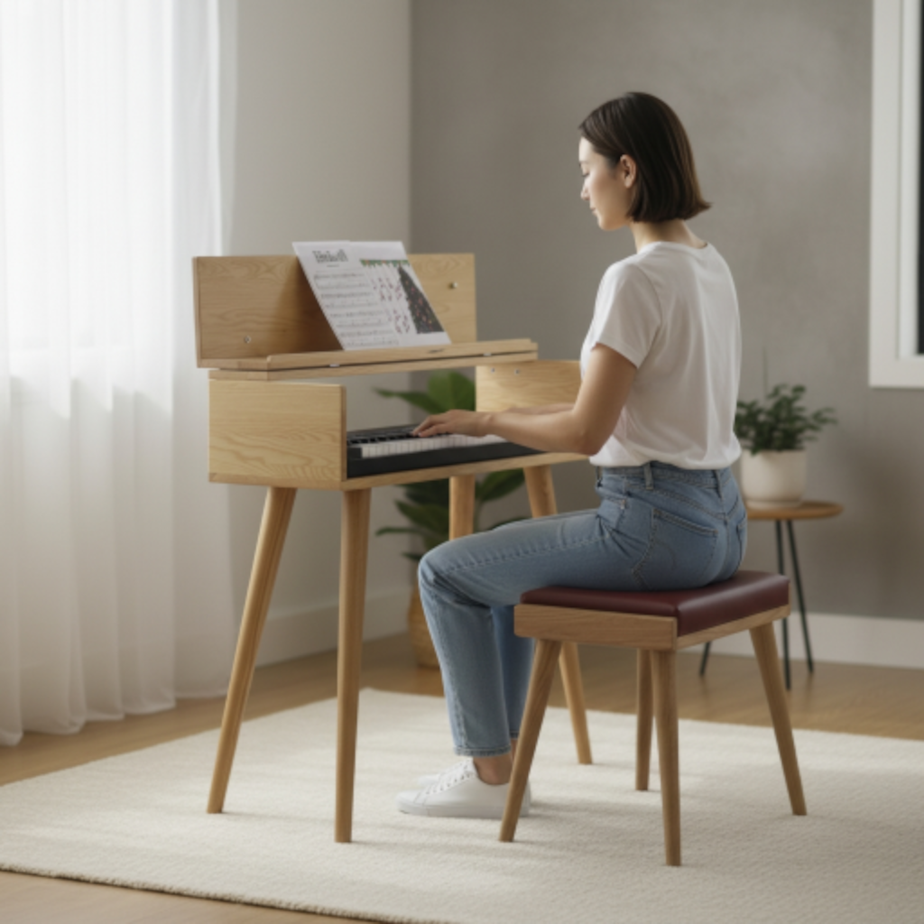 Solid Wood Piano Bench with Leather Upholstered Seat – Wooden Keyboard Stool & Music Bench