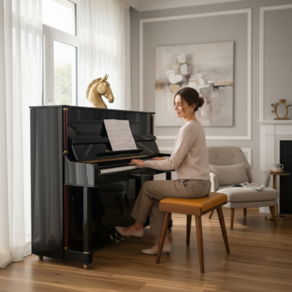 Solid Wood Piano Bench with Leather Upholstered Seat – Wooden Keyboard Stool & Music Bench