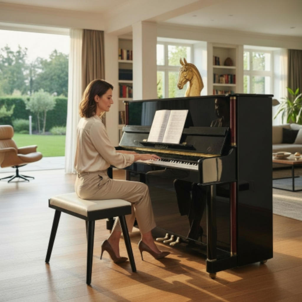 Solid Wood Piano Bench with Leather Upholstered Seat – Wooden Keyboard Stool & Music Bench