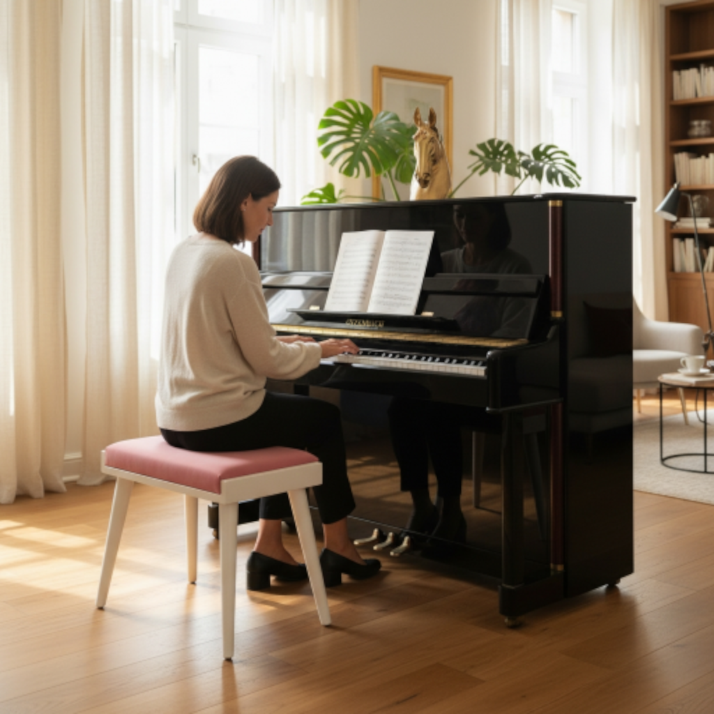 Solid Wood Piano Bench with Leather Upholstered Seat – Wooden Keyboard Stool & Music Bench