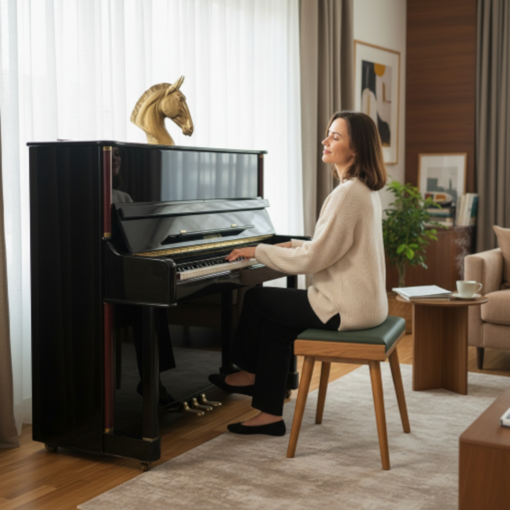 Solid Wood Piano Bench with Leather Upholstered Seat – Wooden Keyboard Stool & Music Bench