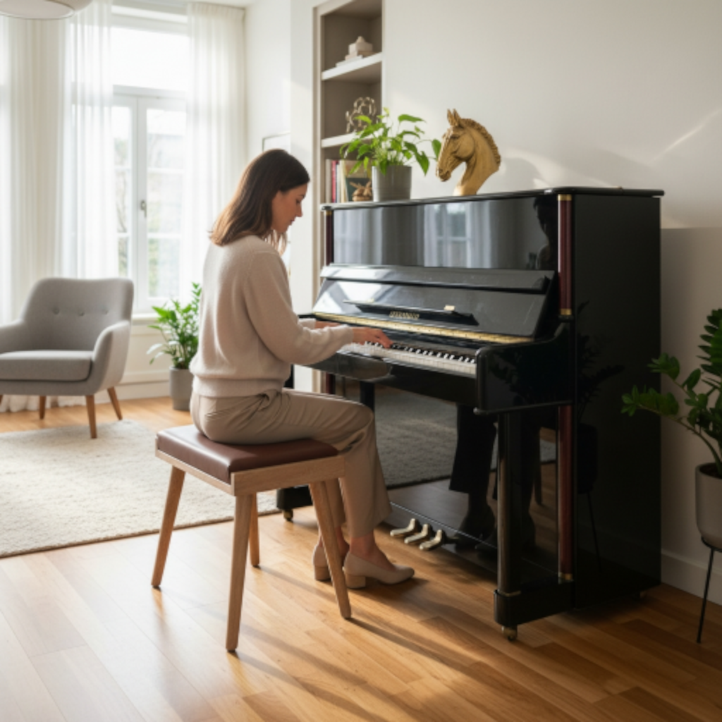 Solid Wood Piano Bench with Leather Upholstered Seat – Wooden Keyboard Stool & Music Bench