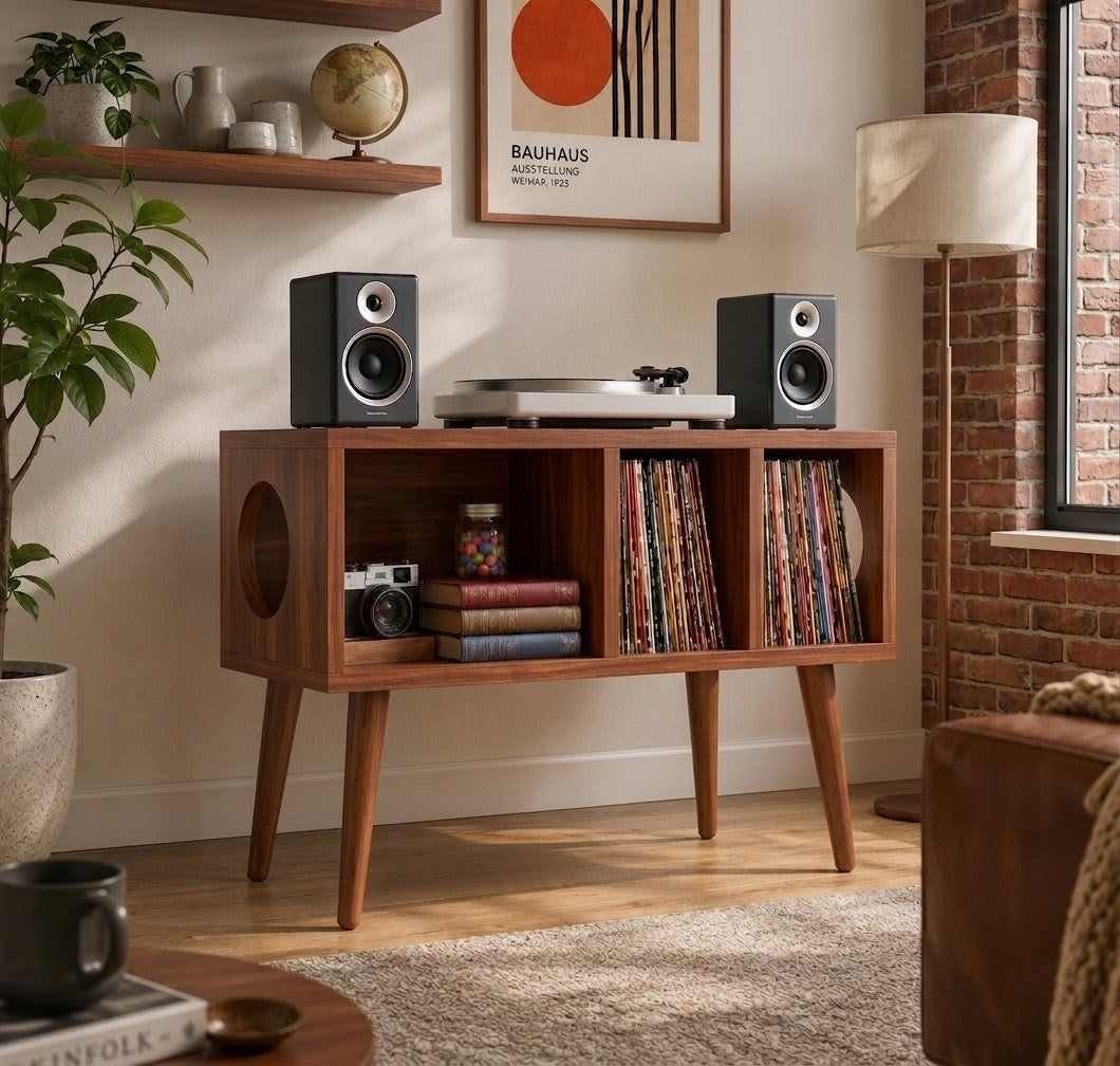 Solid Wood Record Player Stand With Vinyl Storage