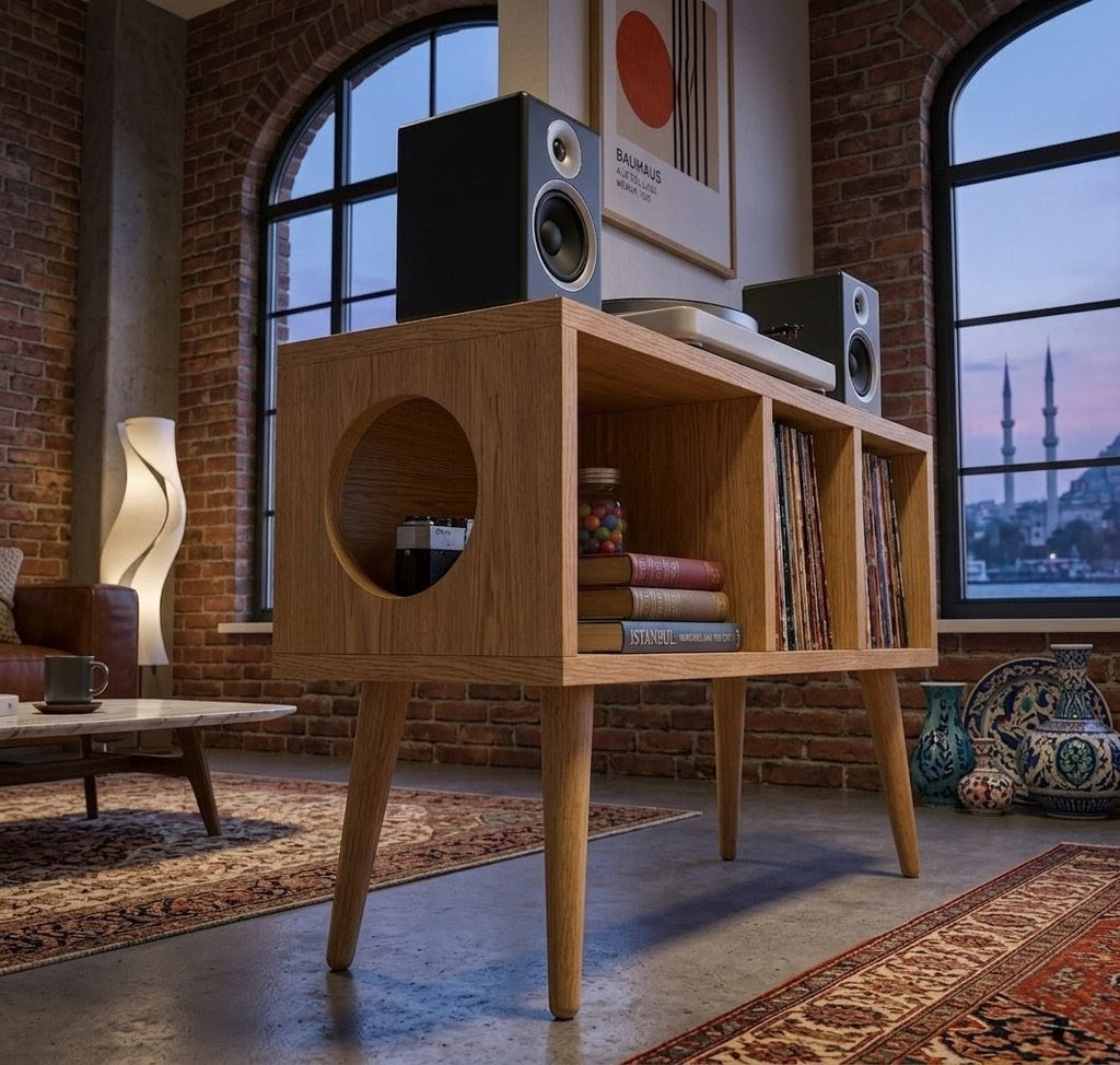 Solid Wood Record Player Stand With Vinyl Storage
