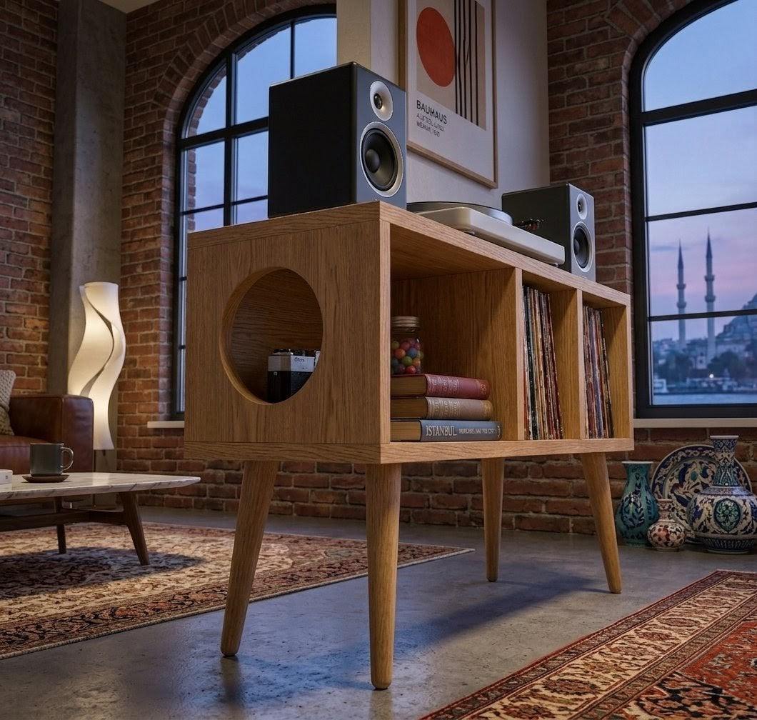 Solid Wood Record Player Stand With Vinyl Storage