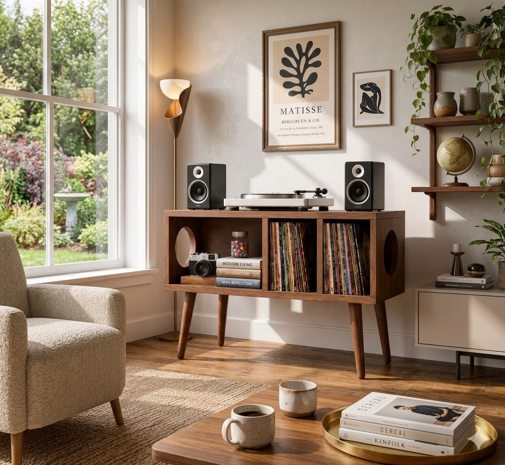 Solid Wood Record Player Stand With Vinyl Storage