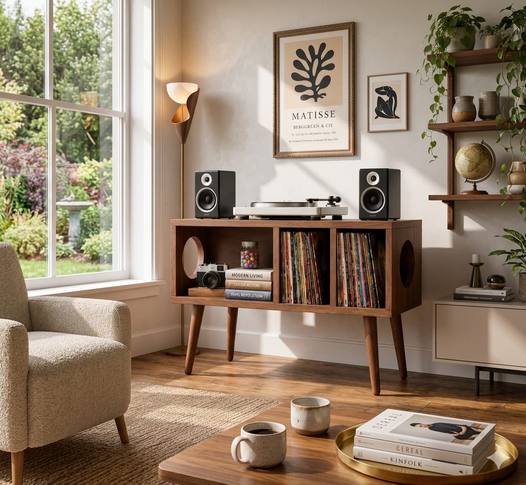 Solid Wood Record Player Stand With Vinyl Storage