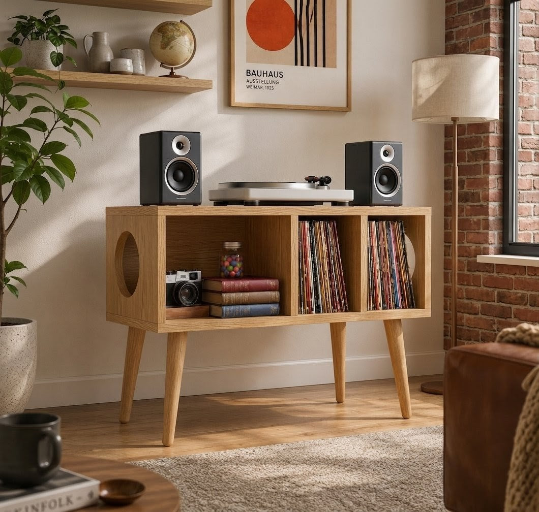 Solid Wood Record Player Stand With Vinyl Storage