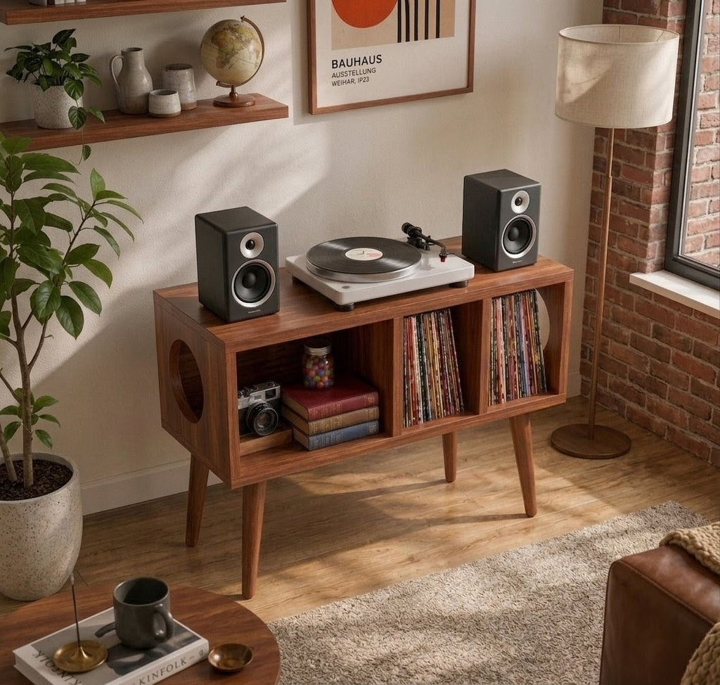 Solid Wood Record Player Stand With Vinyl Storage