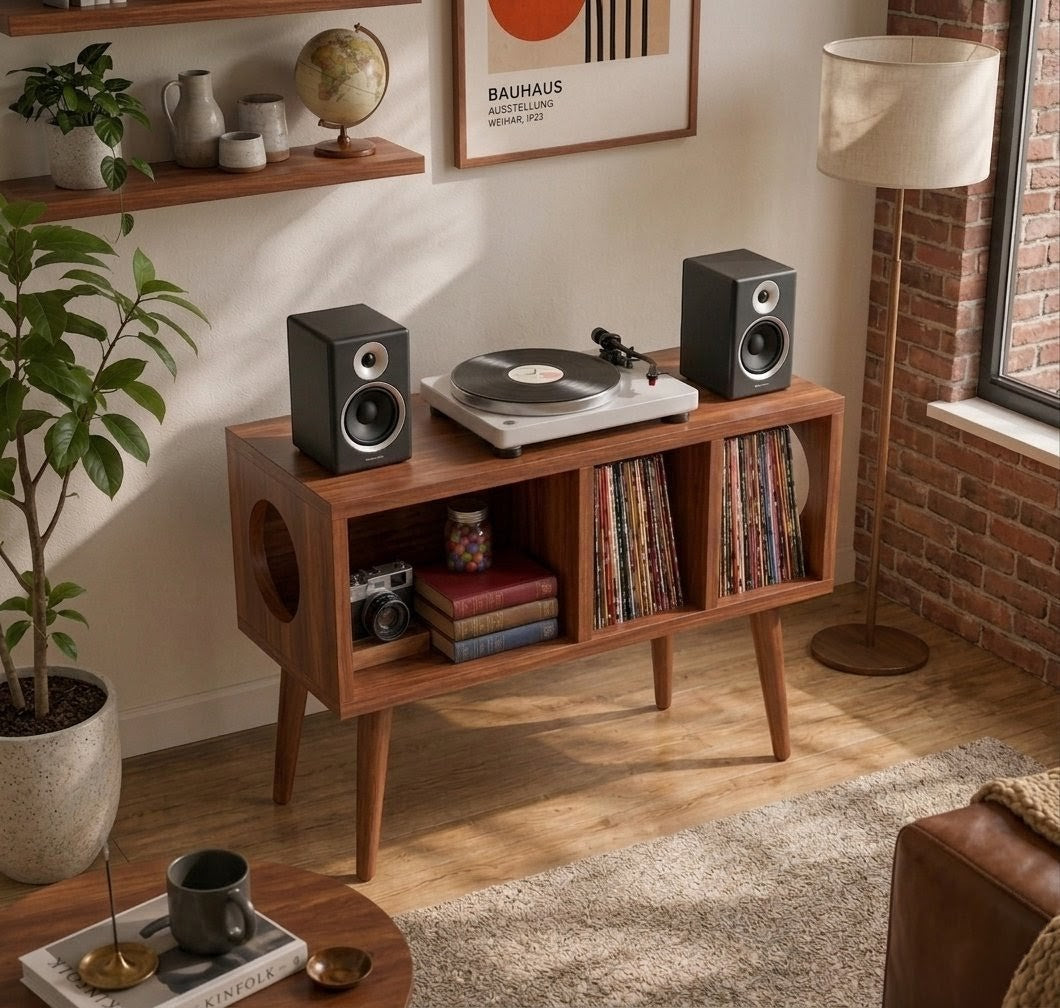 Solid Wood Record Player Stand With Vinyl Storage