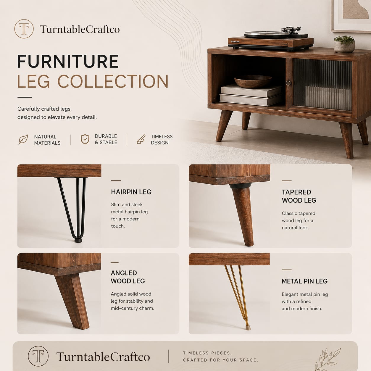 Mid Century Modern Record Player Stand | Vinyl Storage & Turntable Cabinet