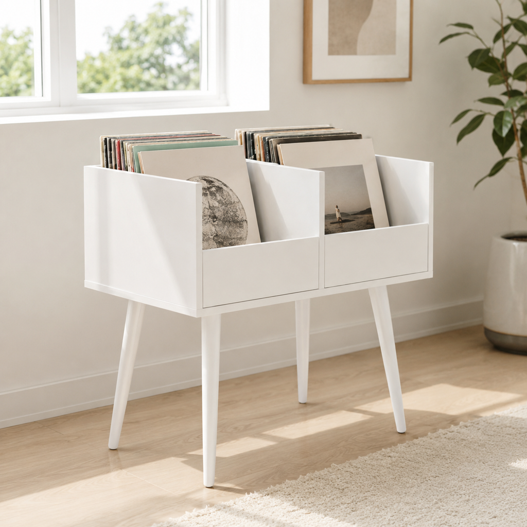 Mid-Century Vinyl Record Storage Stand – LP Organizer & Record Player Stand, Walnut Style