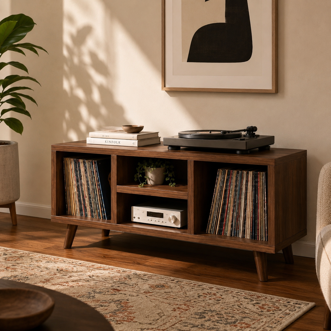 Mid-Century Record Player Stand with Vinyl Storage – Low Turntable Console & LP Storage Cabinet