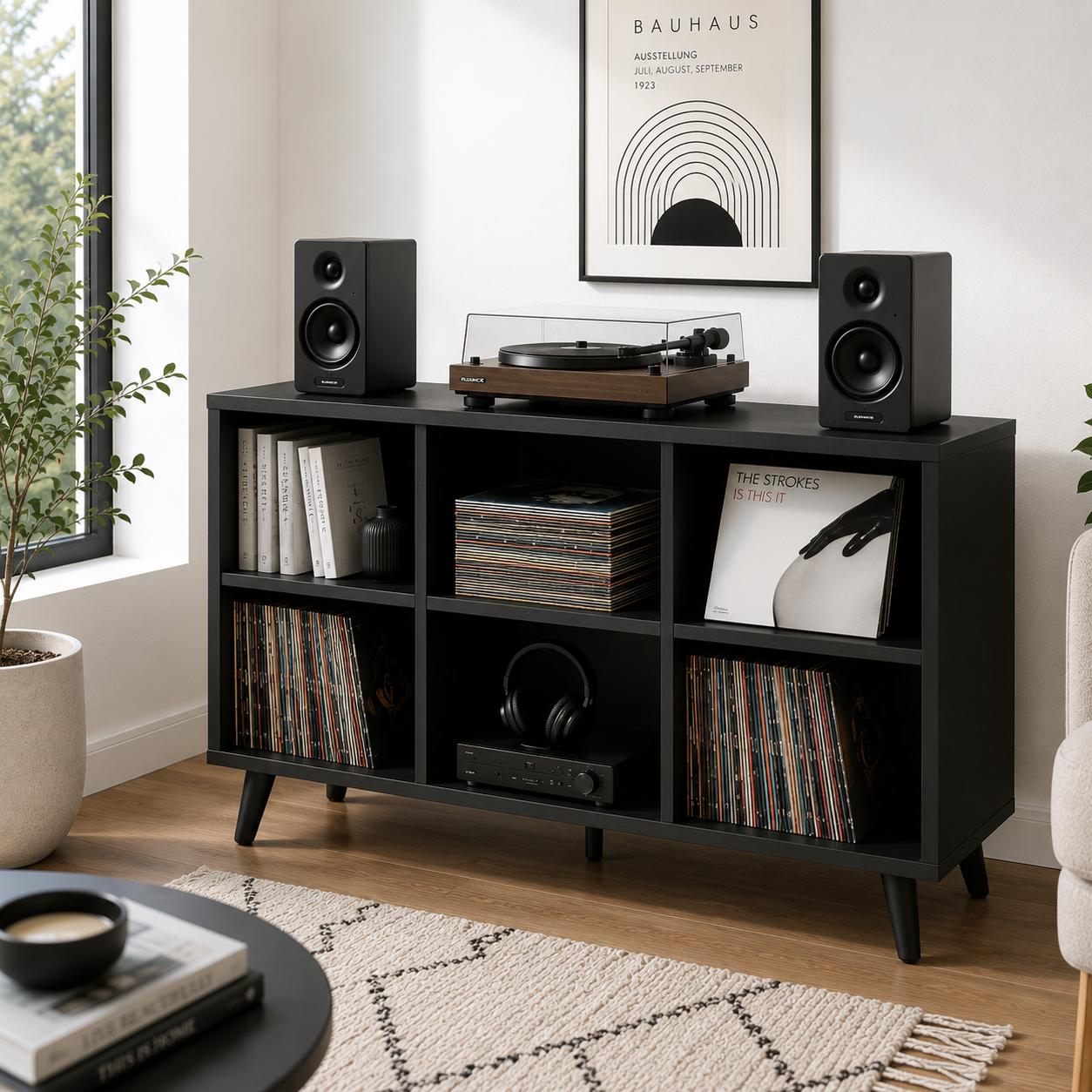 Mid-Century Record Player Stand with Vinyl Storage – Turntable Console & LP Storage Cabinet