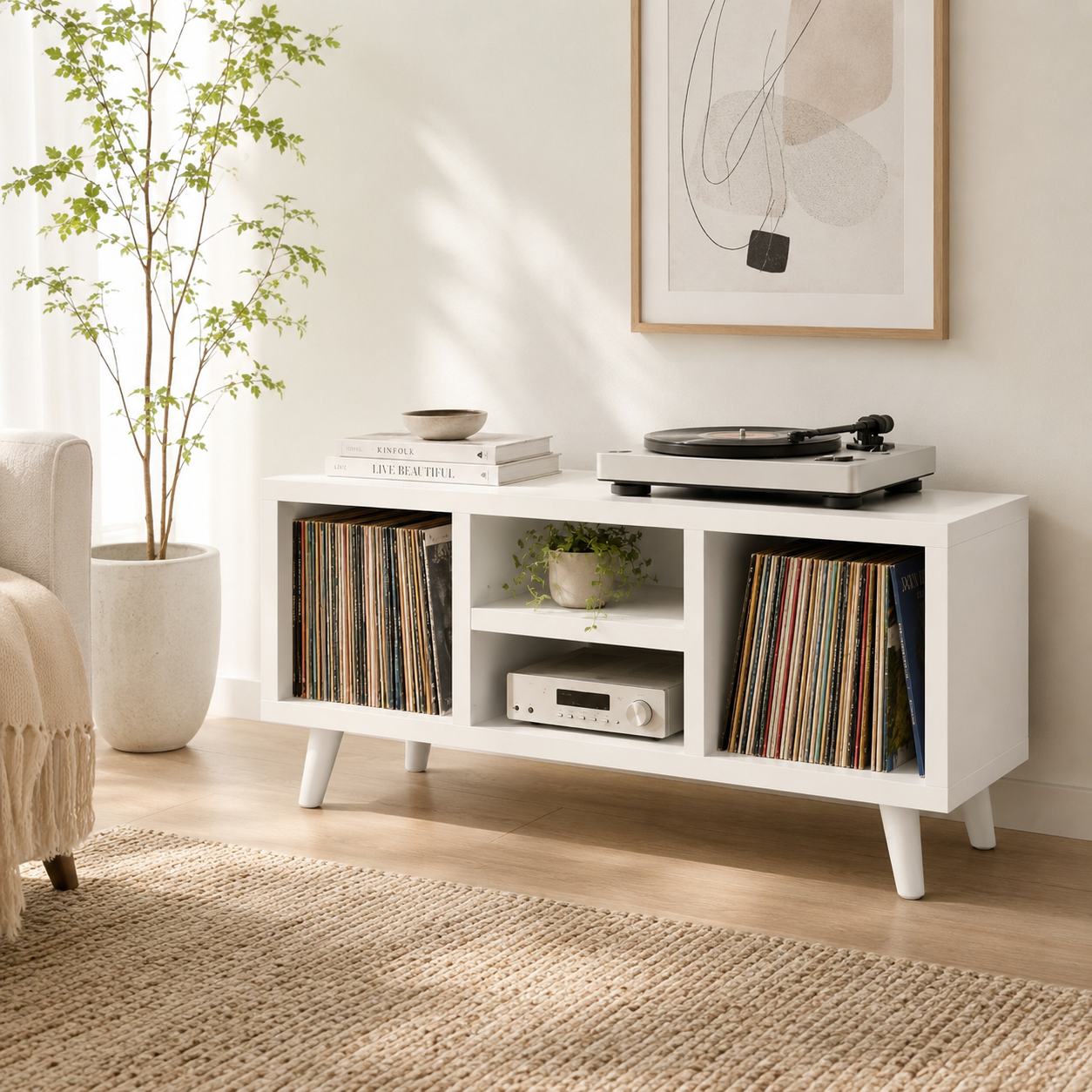 Mid-Century Record Player Stand with Vinyl Storage – Low Turntable Console & LP Storage Cabinet