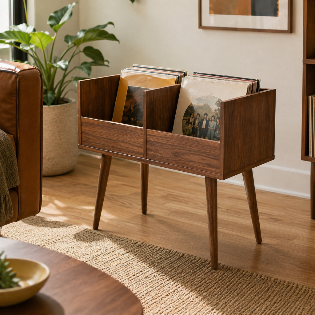 Mid-Century Vinyl Record Storage Stand – LP Organizer & Record Player Stand, Walnut Style