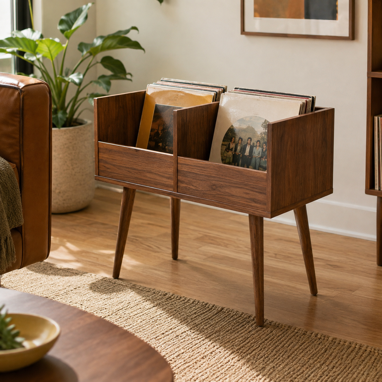 Mid-Century Vinyl Record Storage Stand – LP Organizer & Record Player Stand, Walnut Style