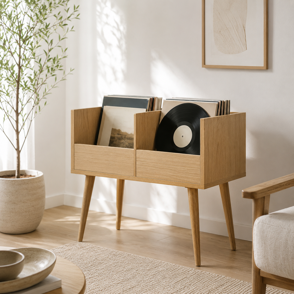 Mid-Century Vinyl Record Storage Stand – LP Organizer & Record Player Stand, Walnut Style