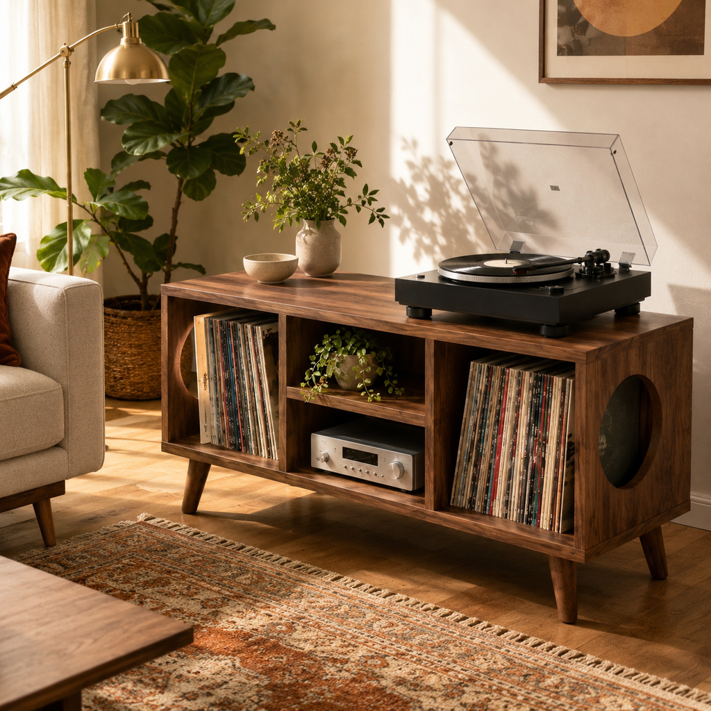 Record Player Stand with Vinyl Storage – Modern Turntable & LP Organizer