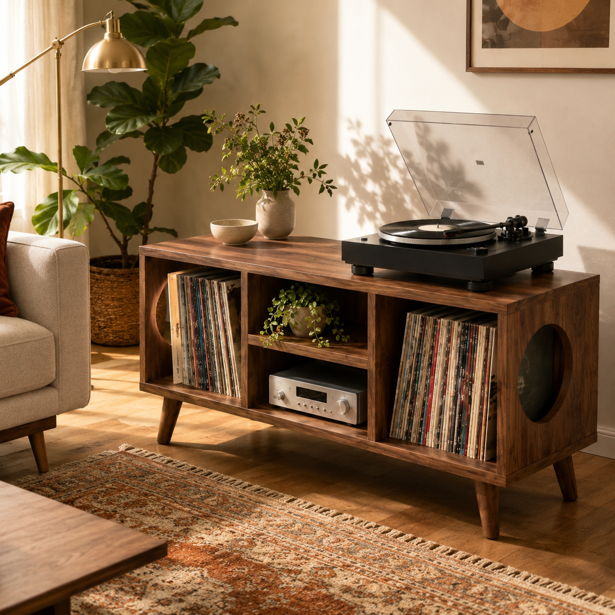 Record Player Stand with Vinyl Storage – Modern Turntable & LP Organizer