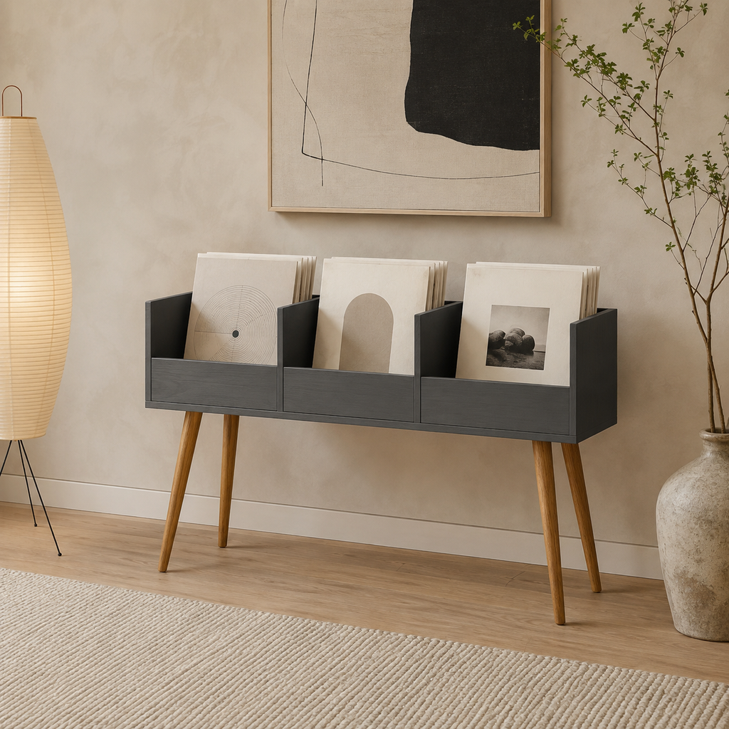 Mid-Century Vinyl Record Storage Stand – 3-Compartment LP Organizer & Record Display Cabinet