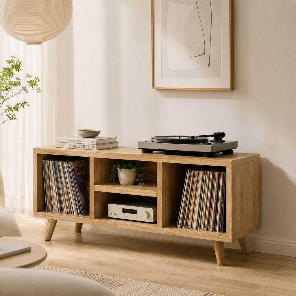Mid-Century Record Player Stand with Vinyl Storage – Low Turntable Console & LP Storage Cabinet