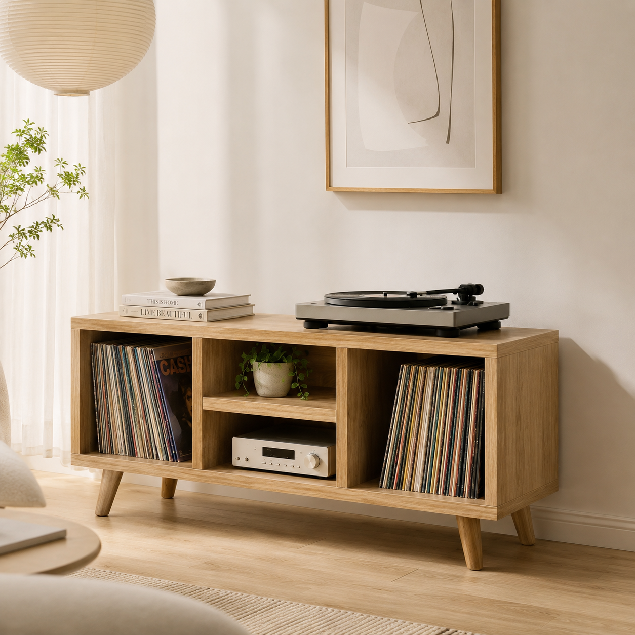 Mid-Century Record Player Stand with Vinyl Storage – Low Turntable Console & LP Storage Cabinet