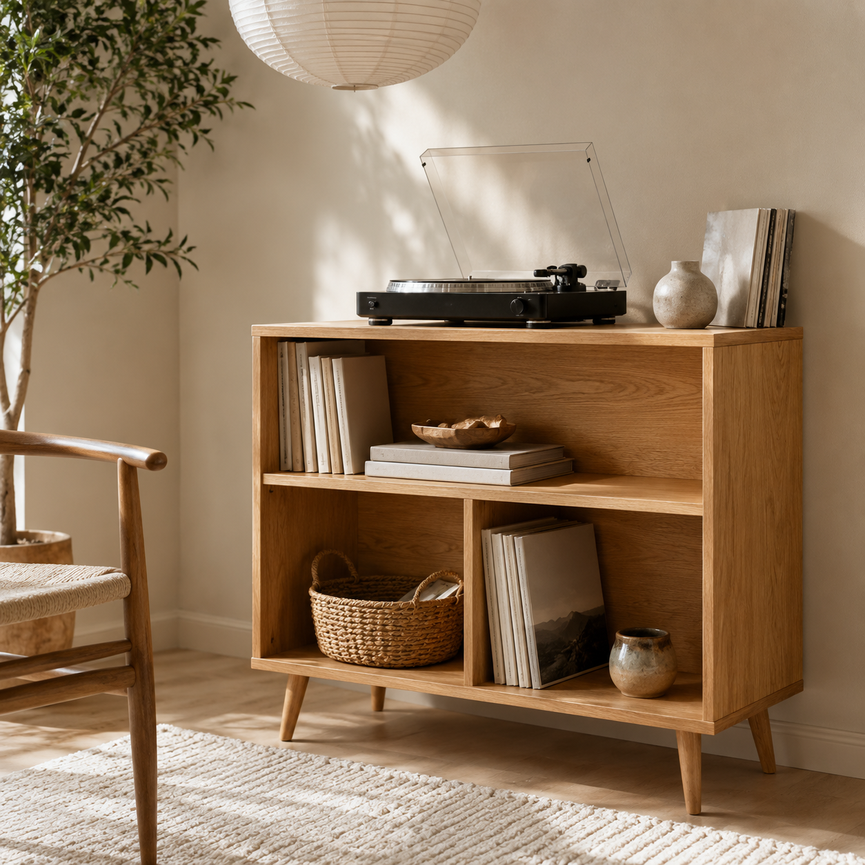 Tall Record Player Stand with Vinyl Storage – Mid-Century Turntable Stand & LP Organizer