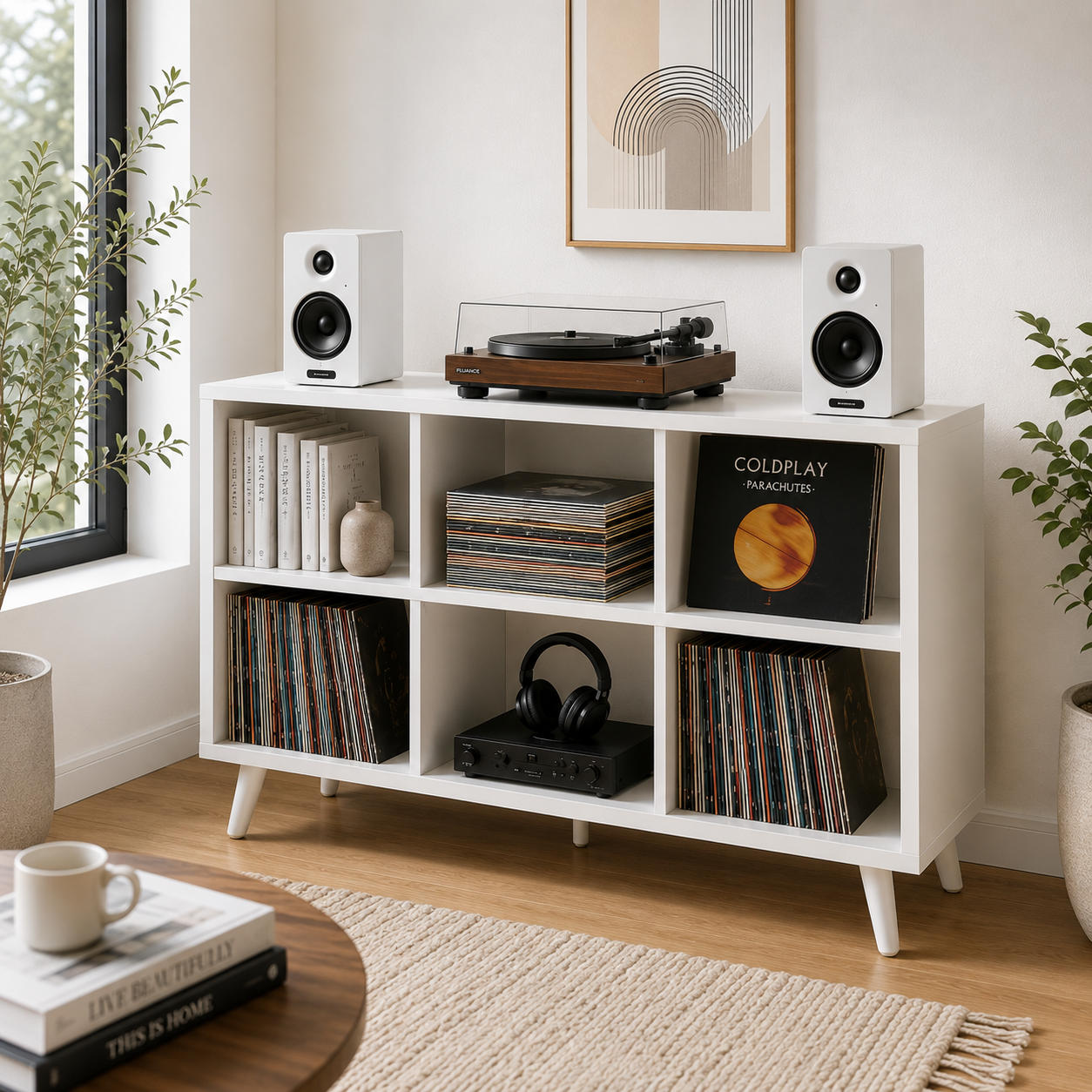 Mid-Century Record Player Stand with Vinyl Storage – Turntable Console & LP Storage Cabinet