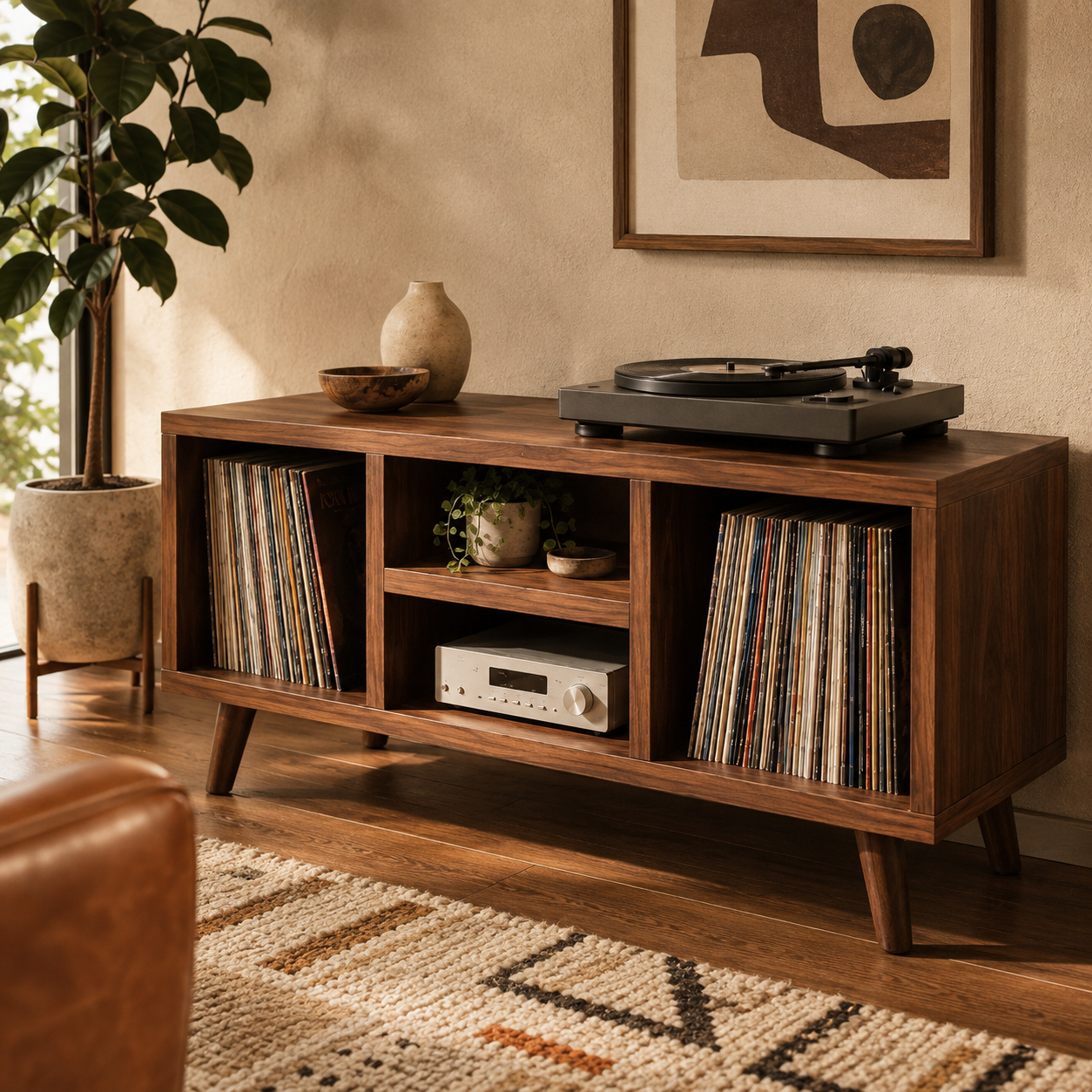Mid-Century Record Player Stand with Vinyl Storage – Low Turntable Console & LP Storage Cabinet