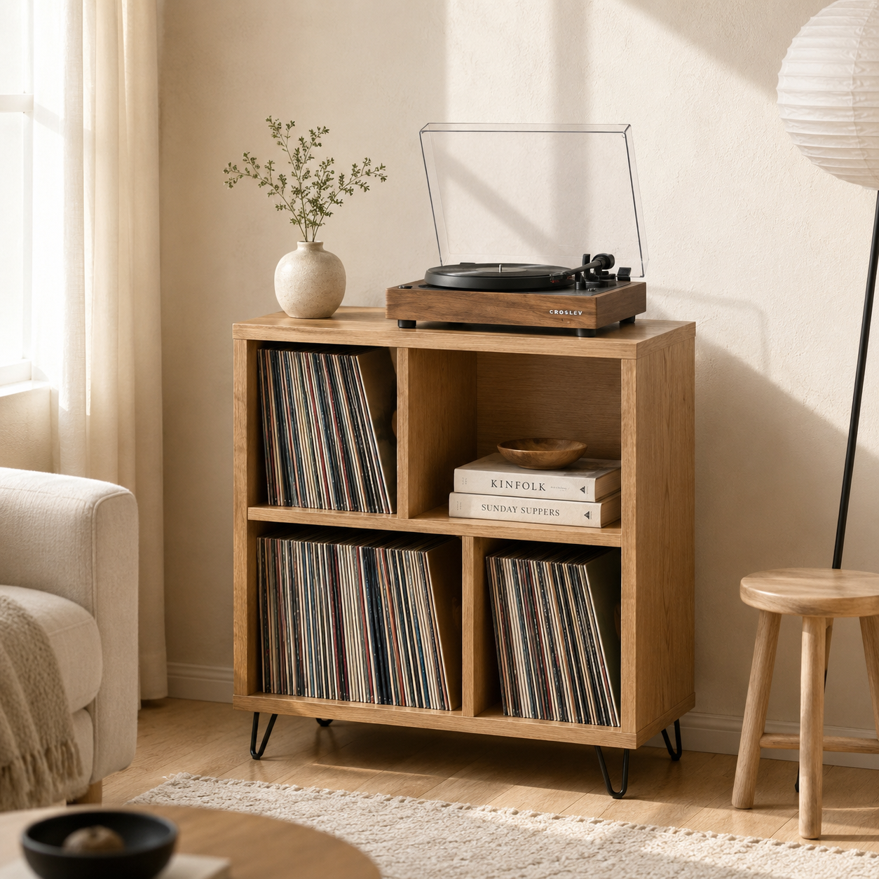Mid-Century Record Player Stand with Vinyl Storage – Turntable Cabinet & LP Organizer