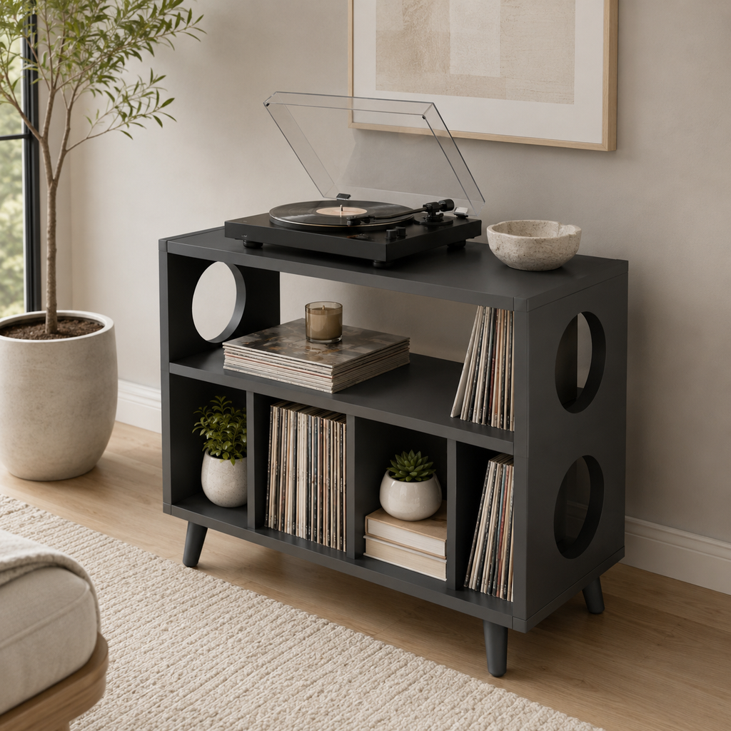 Modern Record Player Stand with Vinyl Storage – Multi-Level Turntable Cabinet & LP Organizer