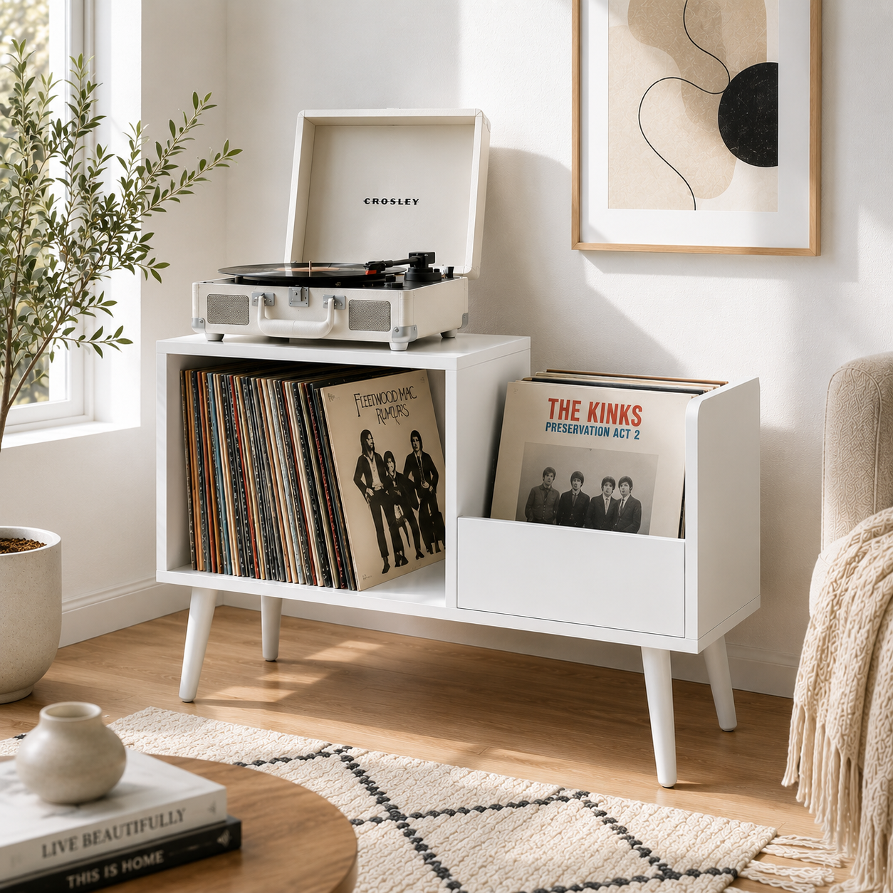 Mid-Century Vinyl Record Storage Stand – 2-Compartment LP Organizer & Record Display Cabinet