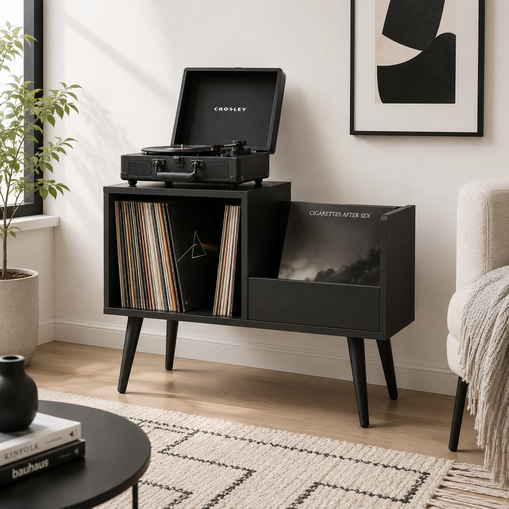 Mid-Century Vinyl Record Storage Stand – 2-Compartment LP Organizer & Record Display Cabinet