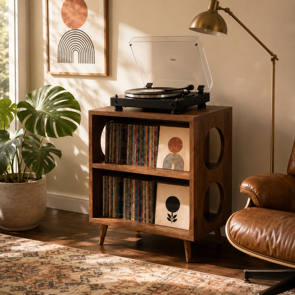 Record Player Stand with Vinyl Storage – Tall Turntable Stand & LP Organizer