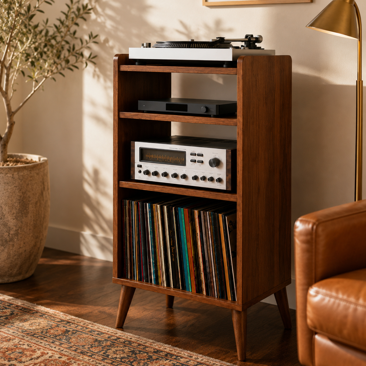 Narrow Record Player Stand with Vinyl Storage – Tall Turntable Stand & LP Organizer