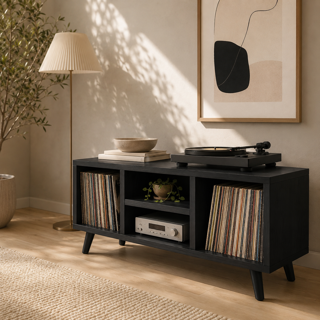 Mid-Century Record Player Stand with Vinyl Storage – Low Turntable Console & LP Storage Cabinet