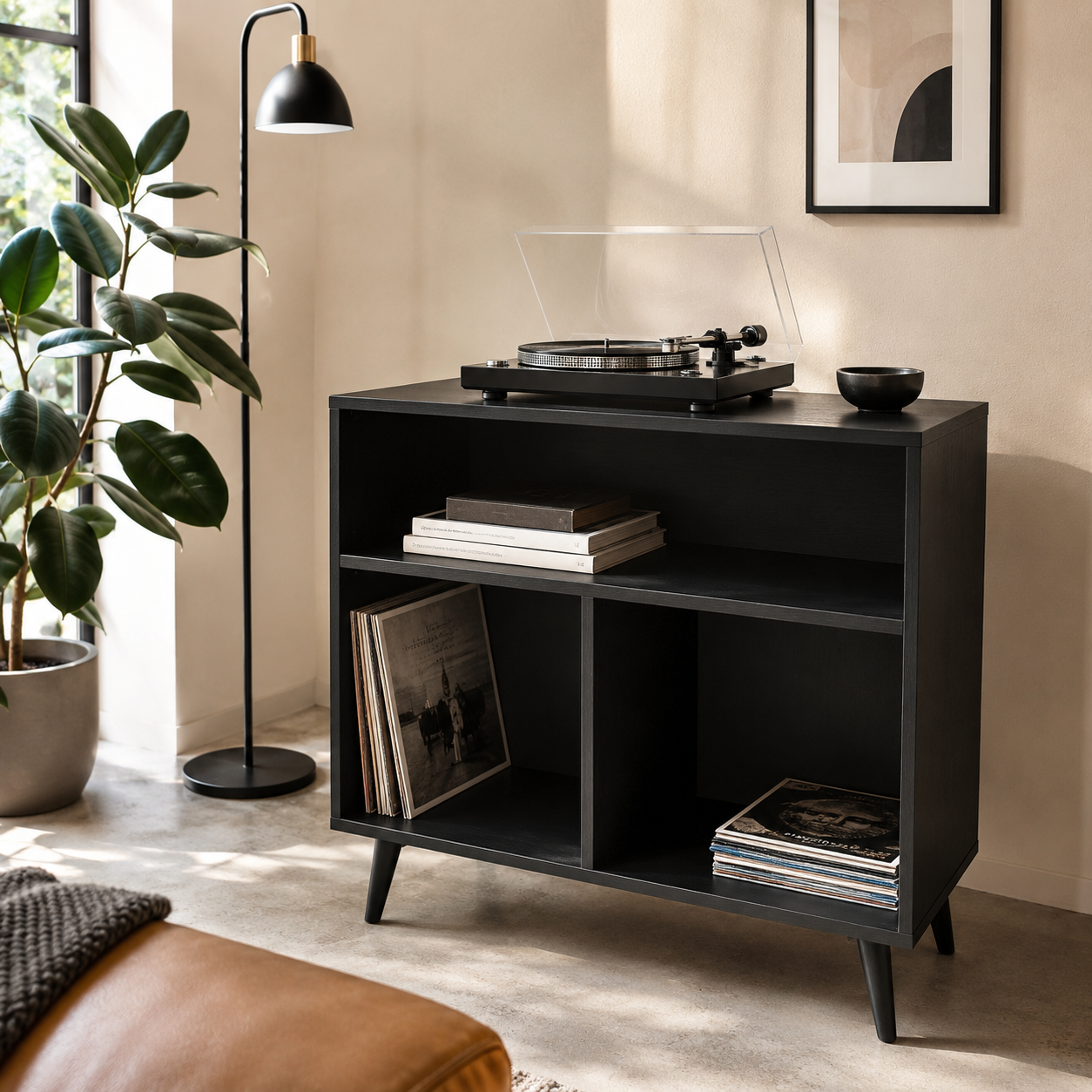 Tall Record Player Stand with Vinyl Storage – Mid-Century Turntable Stand & LP Organizer