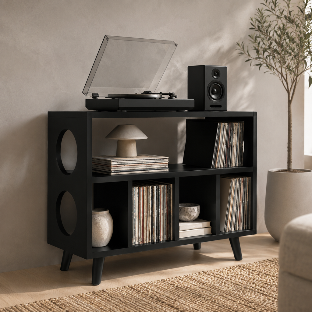 Modern Record Player Stand with Vinyl Storage – Multi-Level Turntable Cabinet & LP Organizer