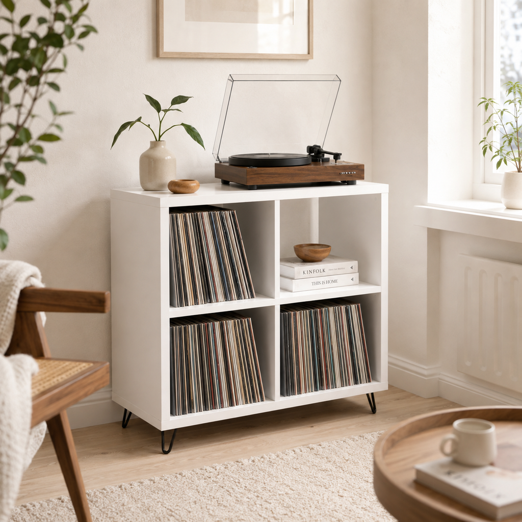 Mid-Century Record Player Stand with Vinyl Storage – Turntable Cabinet & LP Organizer