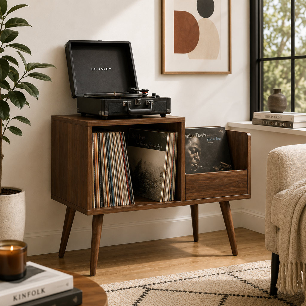 Mid-Century Vinyl Record Storage Stand – 2-Compartment LP Organizer & Record Display Cabinet
