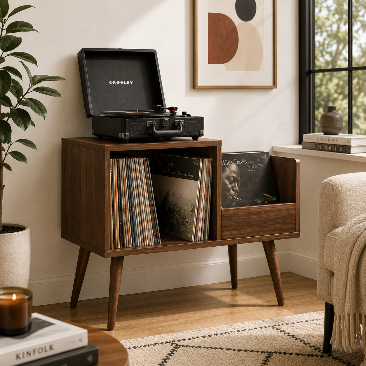 Mid-Century Vinyl Record Storage Stand – 2-Compartment LP Organizer & Record Display Cabinet