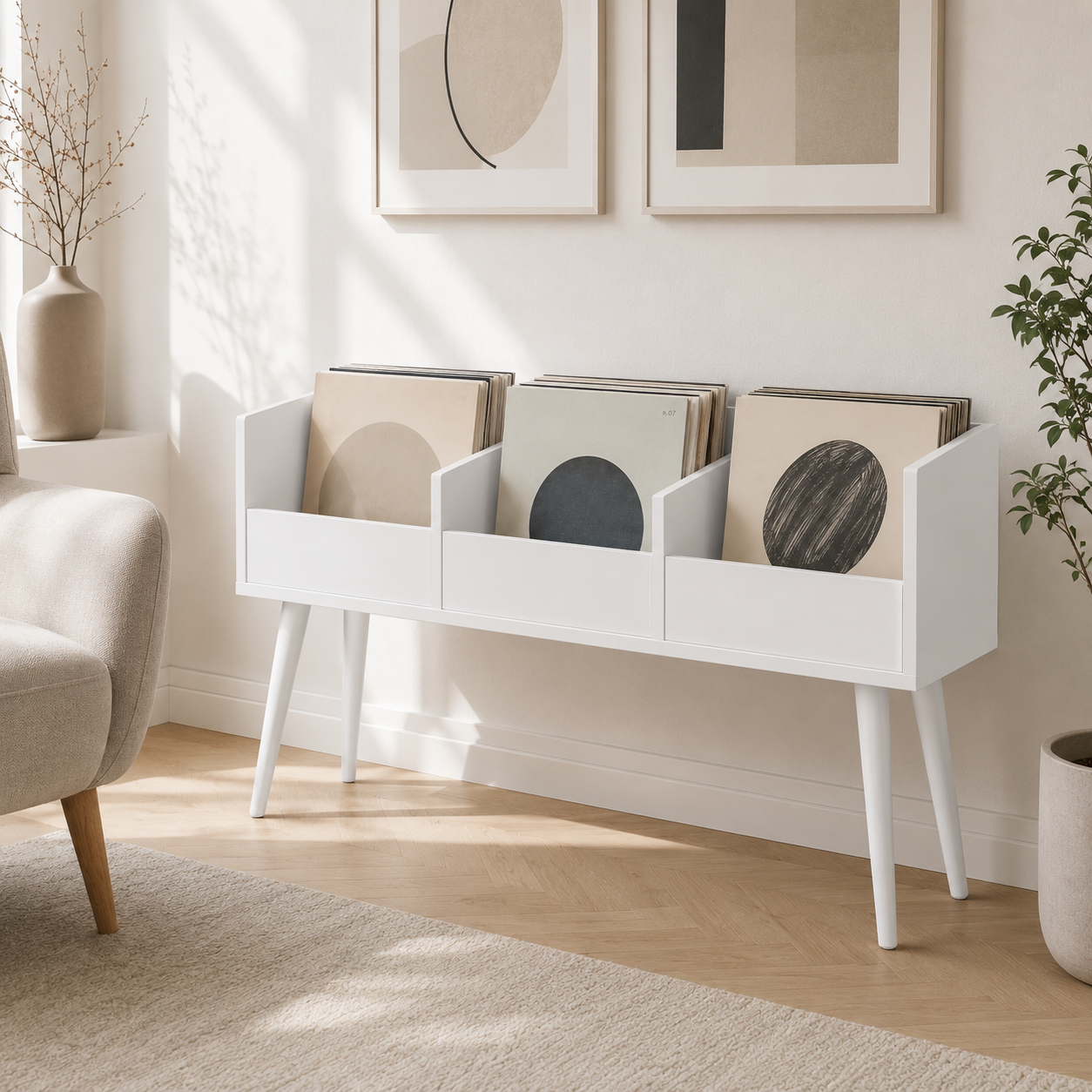 Mid-Century Vinyl Record Storage Stand – 3-Compartment LP Organizer & Record Display Cabinet