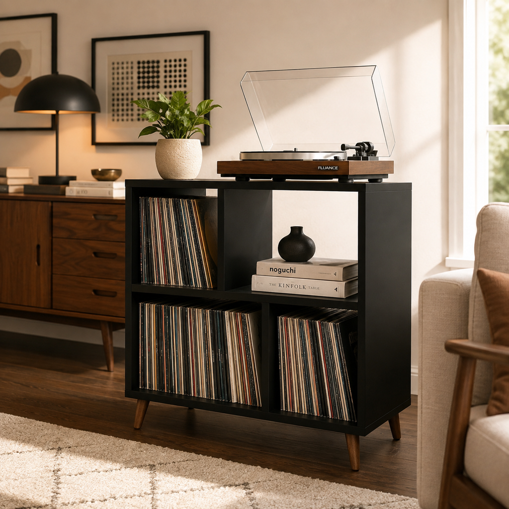 Mid-Century Record Player Stand with Vinyl Storage – Turntable Cabinet & LP Organizer